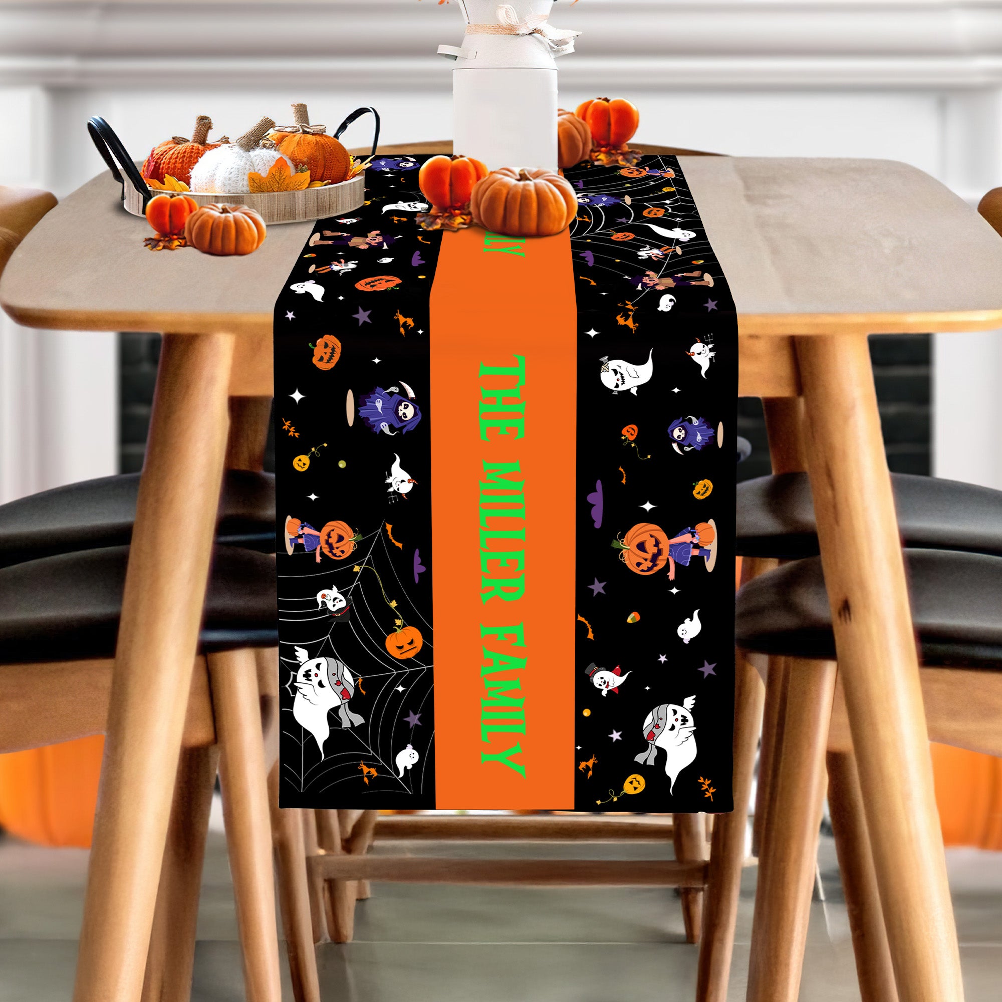 Camino de Mesa Personalizado Fantasma Calabaza Multicolor con Texto Decoración para el Hogar Fiesta de Halloween Regalo para un Amigo de la Familia