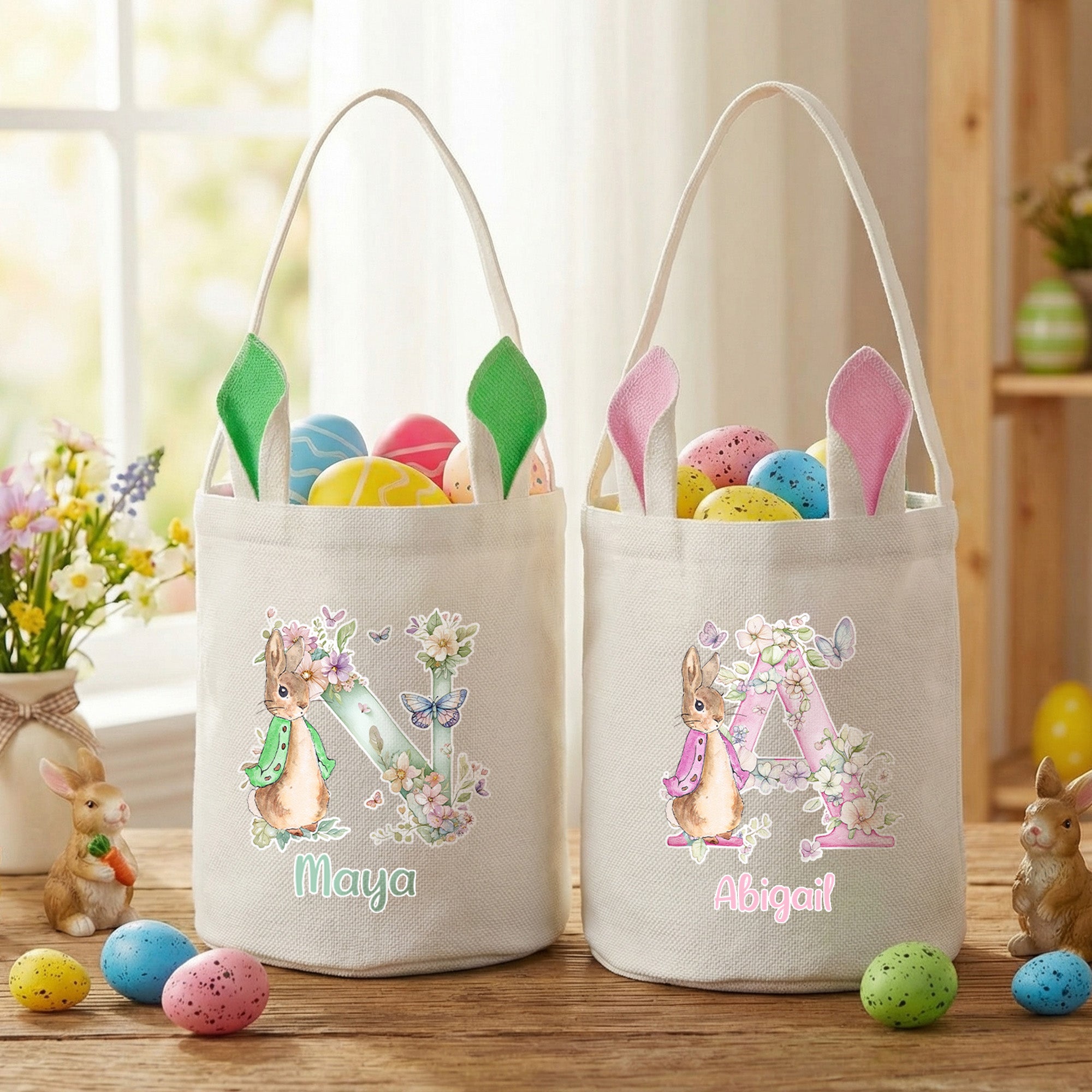 Cesta de Pascua con orejas de conejo personalizada con el nombre de Peter Rabbit Initial Easter Egg Hunting Easter Party Favors Gift for Kids