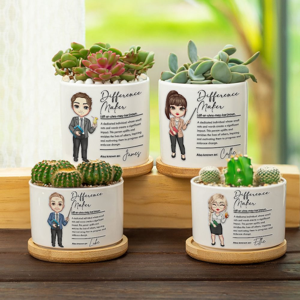 Maceta de Cerámica con Drenaje y Base de Bambú Personalizada Difference Maker Cartoon Teacher Character Regalo de Aprecio al Profesor para el Día del Profesor