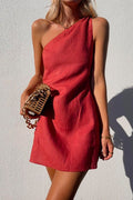 One Shoulder Sleeveless Cotton Linen Mini Dress