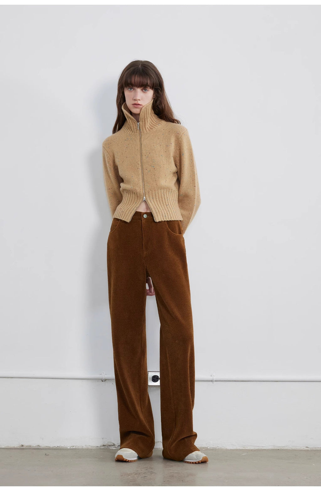 Autumn Breeze Tea colorful dotted wool-blend double-zip knitted cardigan short stand-up collar sweater