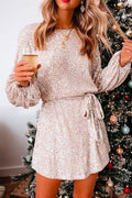 Solid Lantern Sleeves Tie Waist Sequine Mini Dress