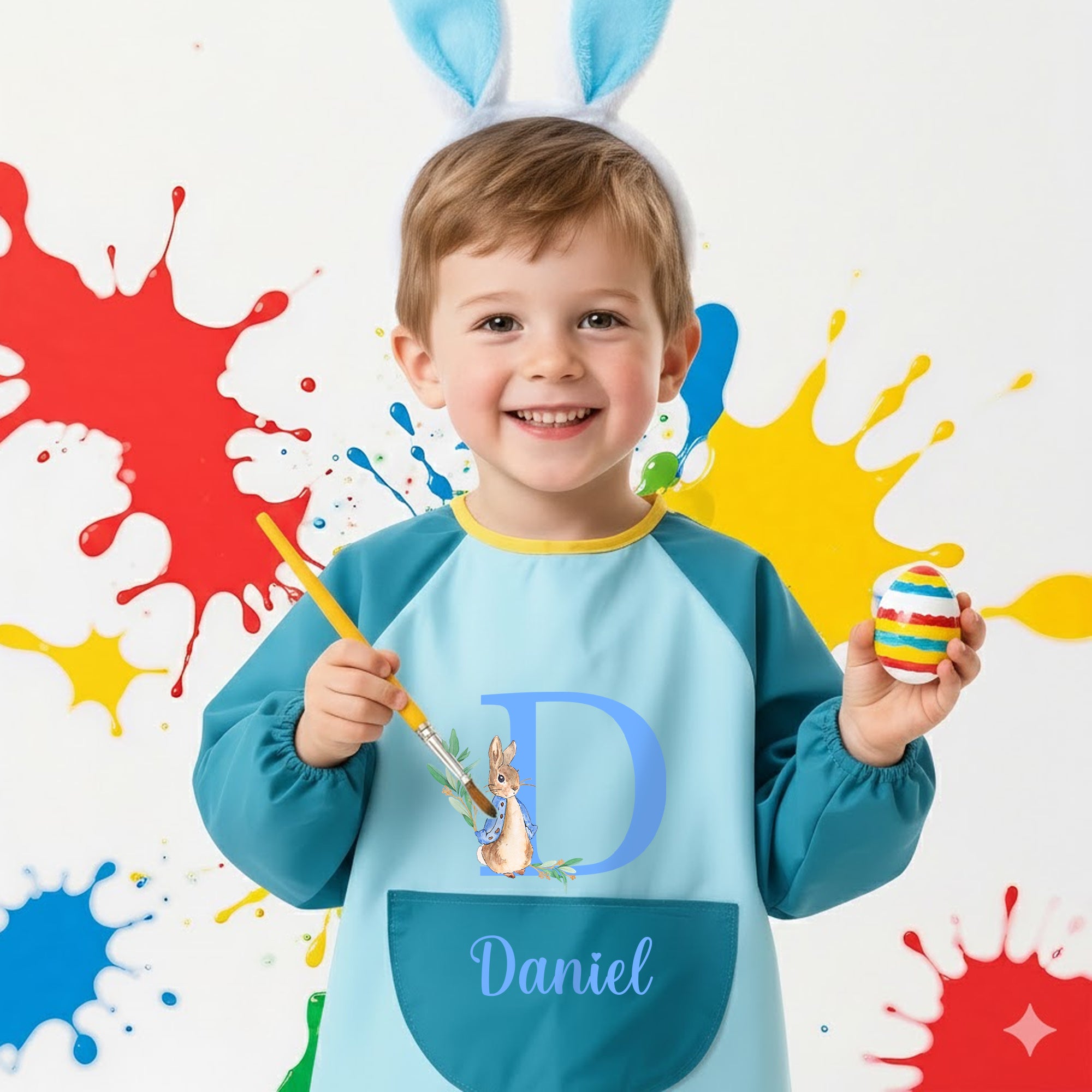 Delantal impermeable de manga larga con inicial y nombre del simpático conejo Peter personalizado para niños Regalo de Pascua para niños, actividades manuales de pintura y cocina