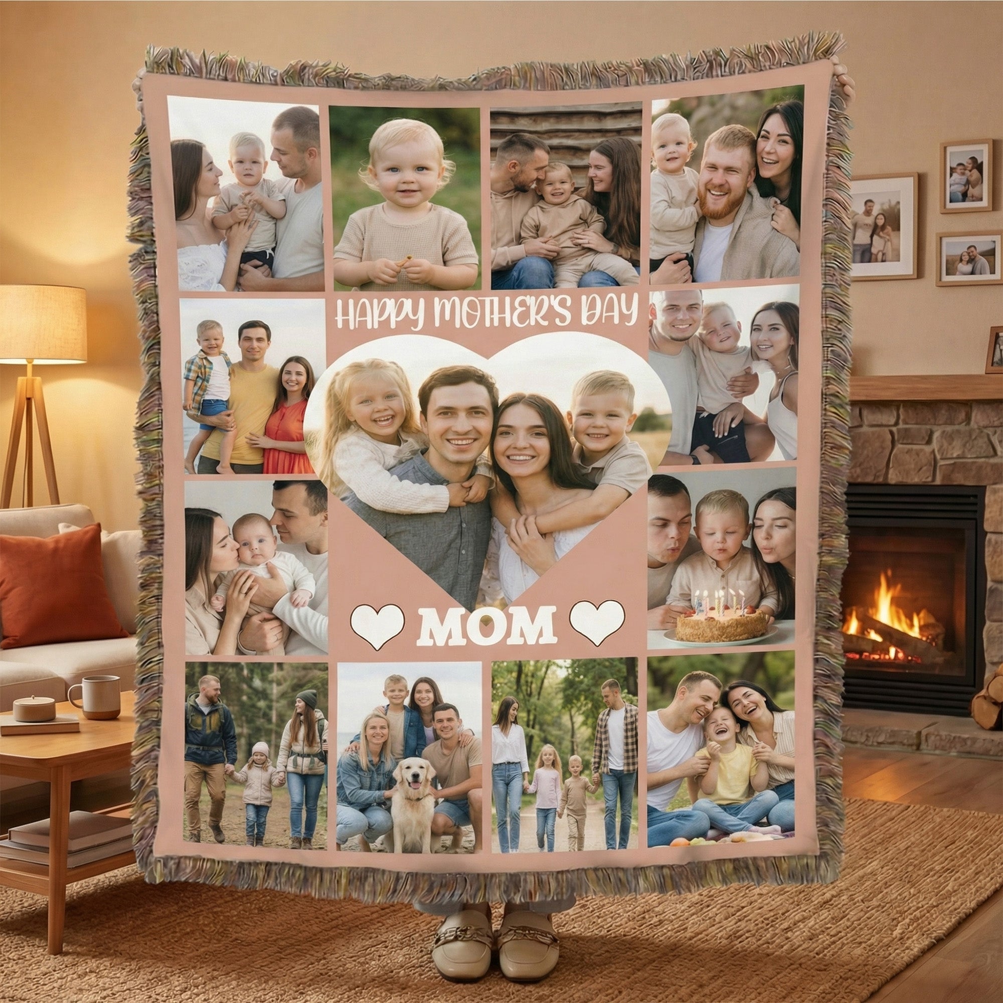 Personalizada 13 Fotos Collage Corazón Suave Borla Manta con Nombre y Título Decoración del Hogar Día de la Madre Regalo para Mamá Abuela