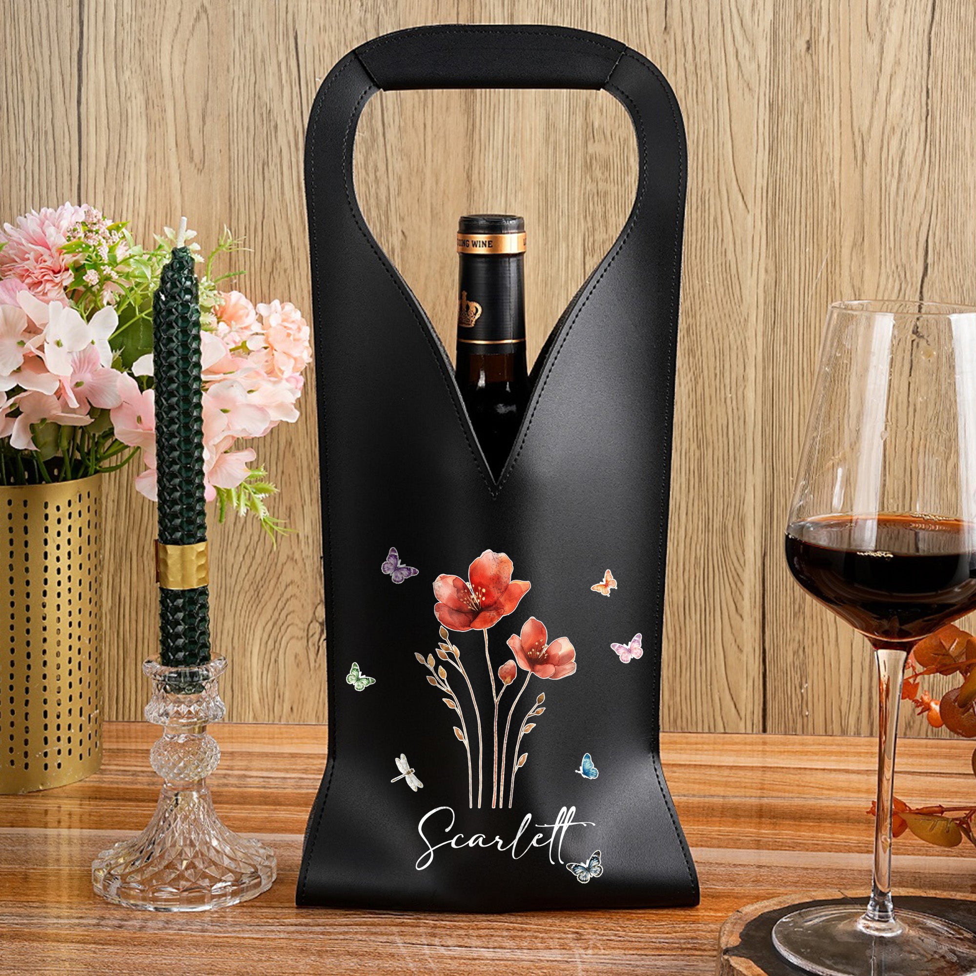 Personalizado estilo mariposa de la acuarela de la flor de la bolsa de vino de cuero de PU con el nombre y el mango de protección de vino Accesorios Cena Fiesta Regalo para los amantes del vino