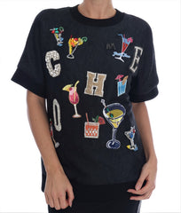 Women's Black Brocade Cocktail Crystal Sweater Cotton Clothing