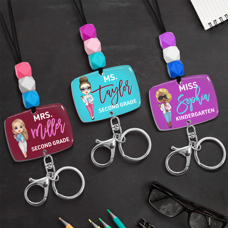Personalizado lindo personaje de dibujos animados de cuentas cordón ajustable Badge Reel con nombre y llavero Día del Maestro Gratitud regalo para los maestros