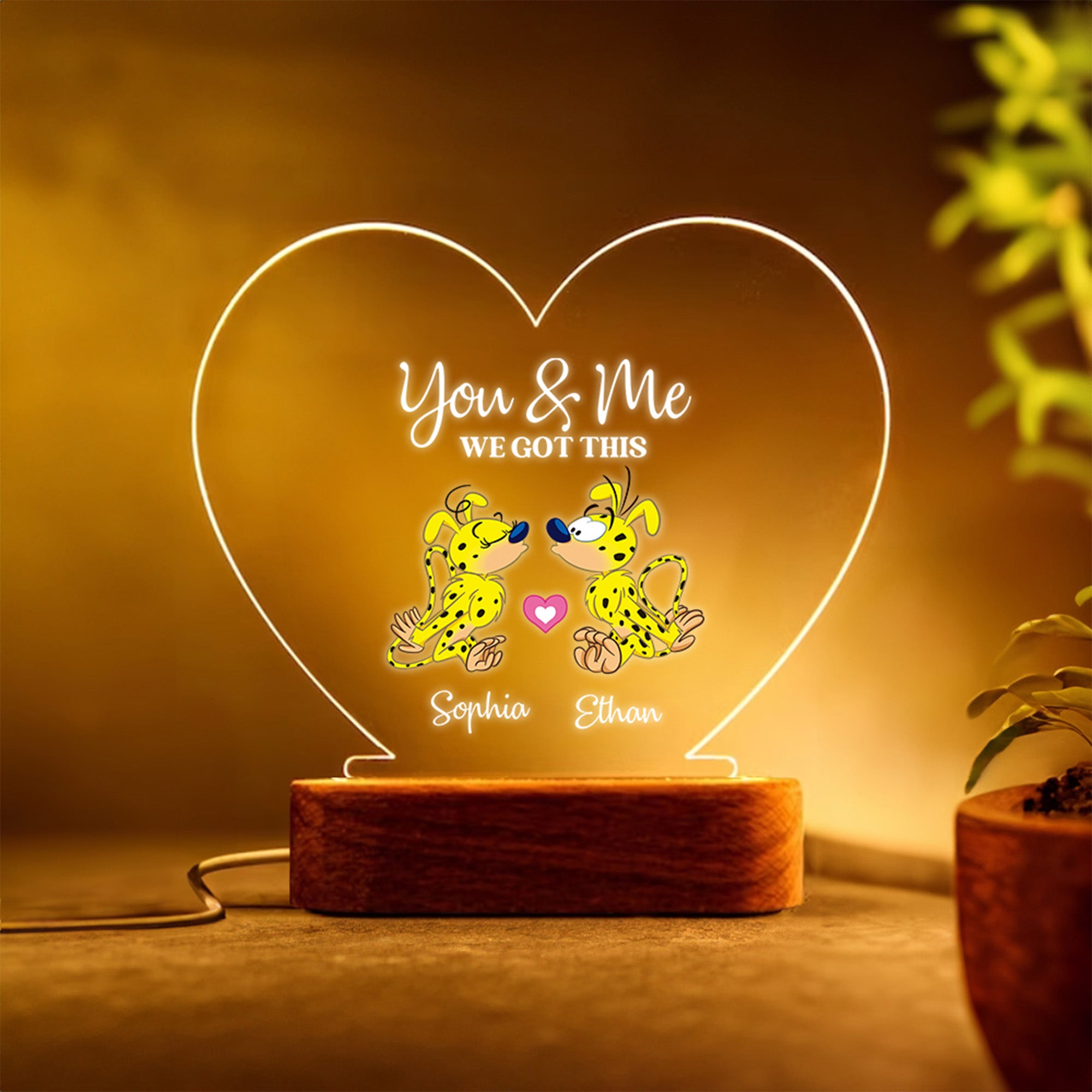 Pareja Personalizada Marsupilami de Cola Larga Luz LED de Noche en Forma de Corazón con Nombres Regalo para Enamorados | Callie × Marsupilami