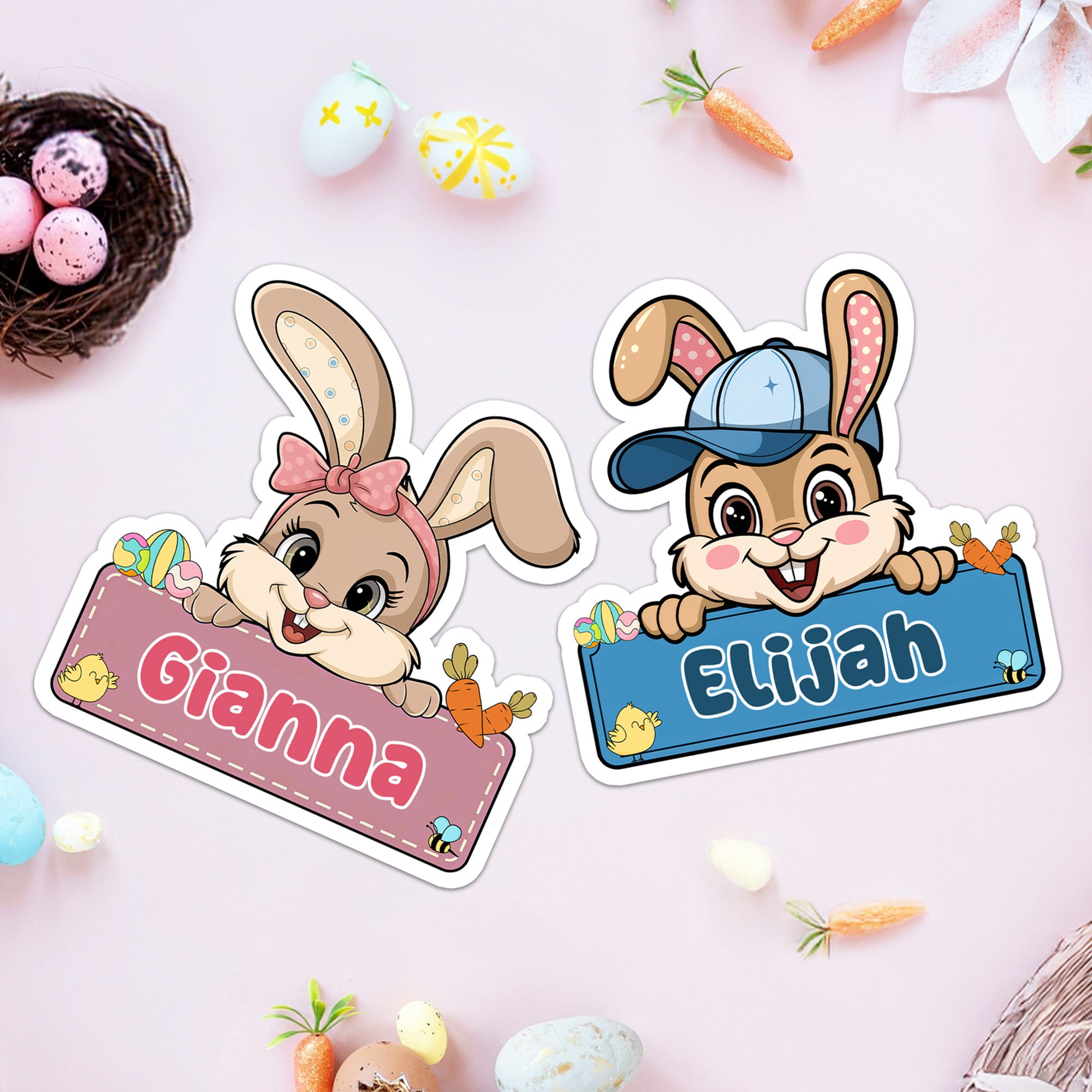 Personalizado lindo sombrero de arco conejo de Pascua a prueba de agua etiquetas engomadas con el nombre de regalo Decoración Día de Pascua Fiesta de Favores para los niños