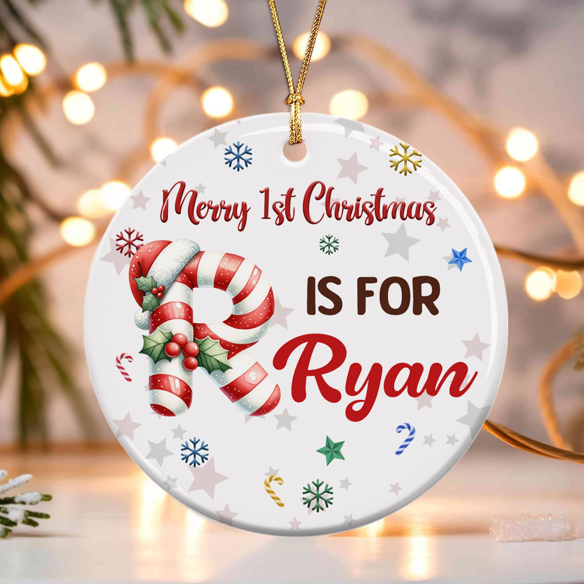 Ornamento de cerámica personalizado de la 1ª Navidad del bebé con inicial del nombre y texto Decoración del árbol de casa Regalo de fiesta de Navidad para padres primerizos