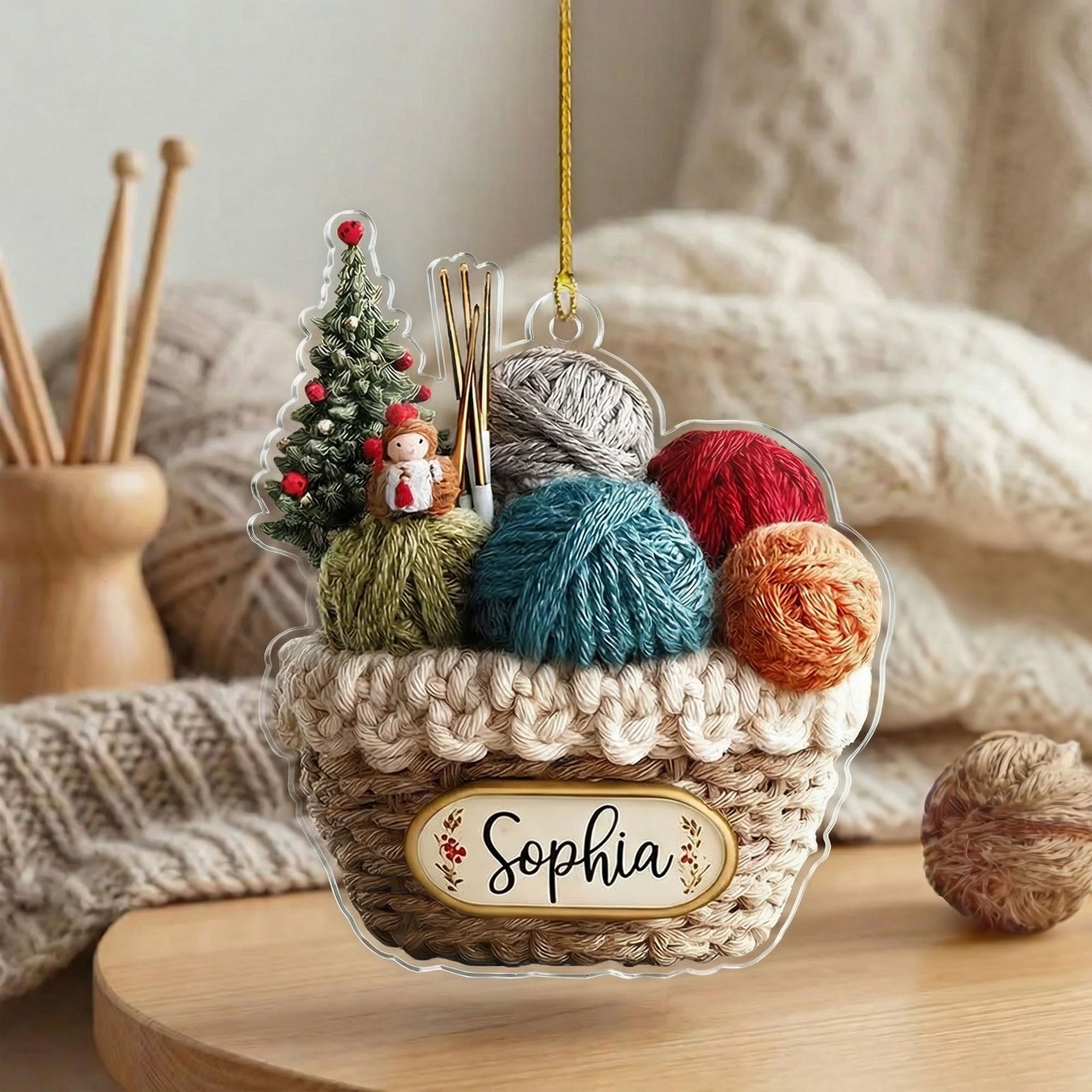 Personalizado 2D Cesta de punto de Navidad Árbol de acrílico Ornamento con nombre Árbol Decoración Regalo de Navidad para los amantes de tejer