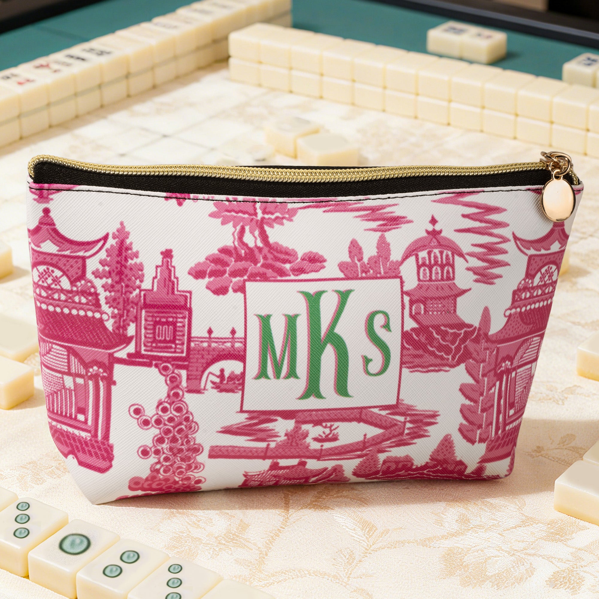 Bolsa de Maquillaje Personalizada Pagoda con Monograma Mahjongg Accesorio Regalo de Navidad Cumpleaños para Mujeres Amantes del Mahjong