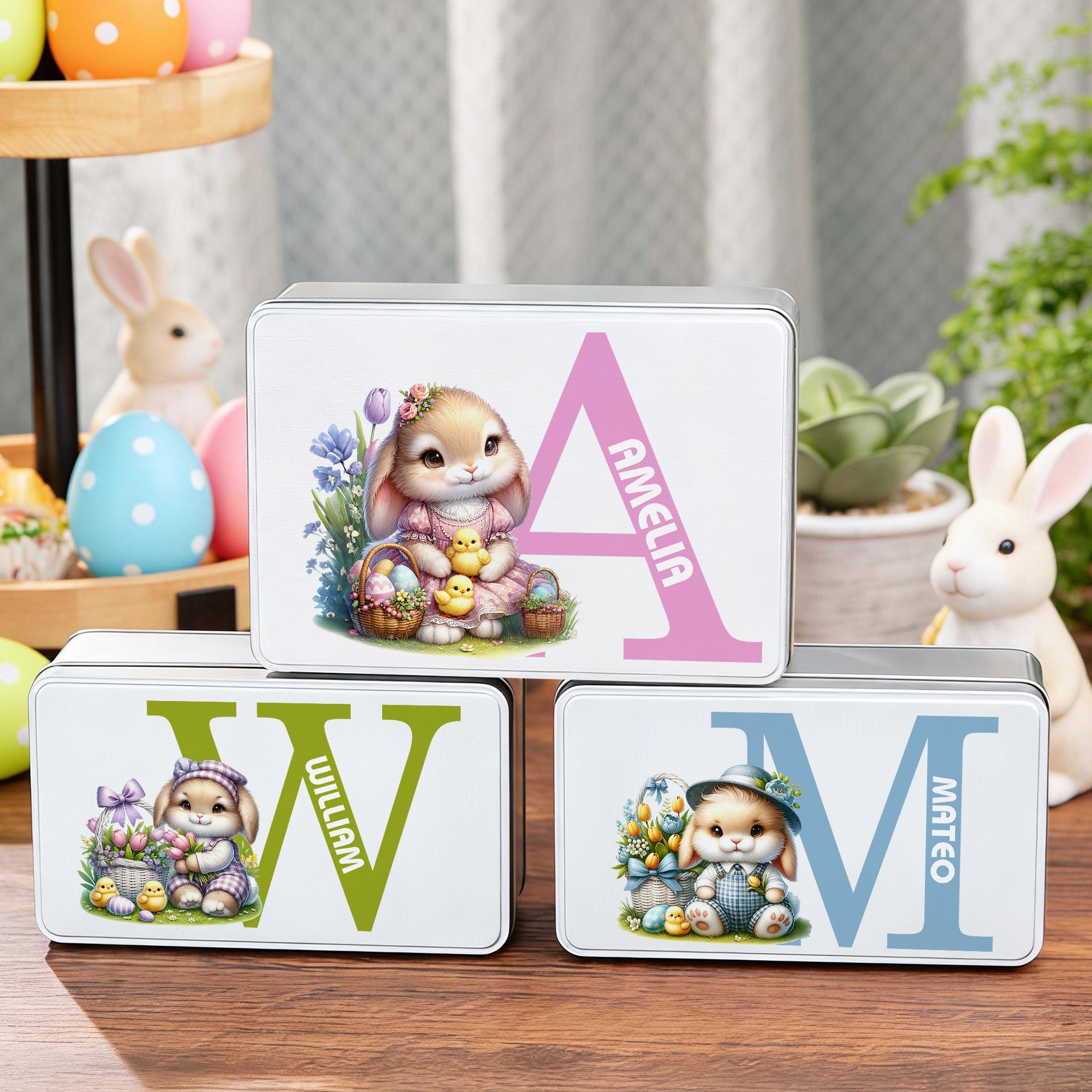 Personalizado lindo conejito Flores Huevos de Pascua Inicial Alimentos Grado Metal Biscuit Caja de almacenamiento de estaño con el nombre de Pascua de vacaciones de regalo para la familia de los niños