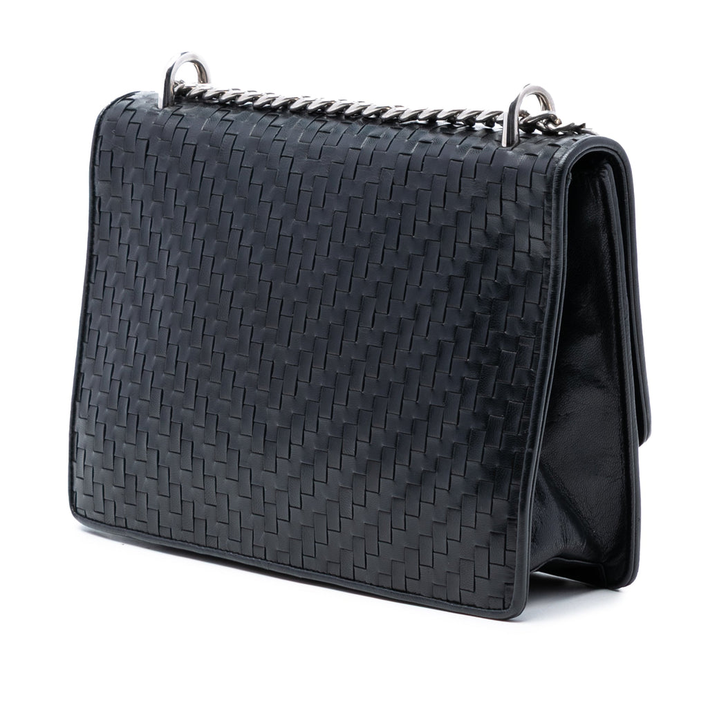 Woven Madras Leather Chain Flap Bag