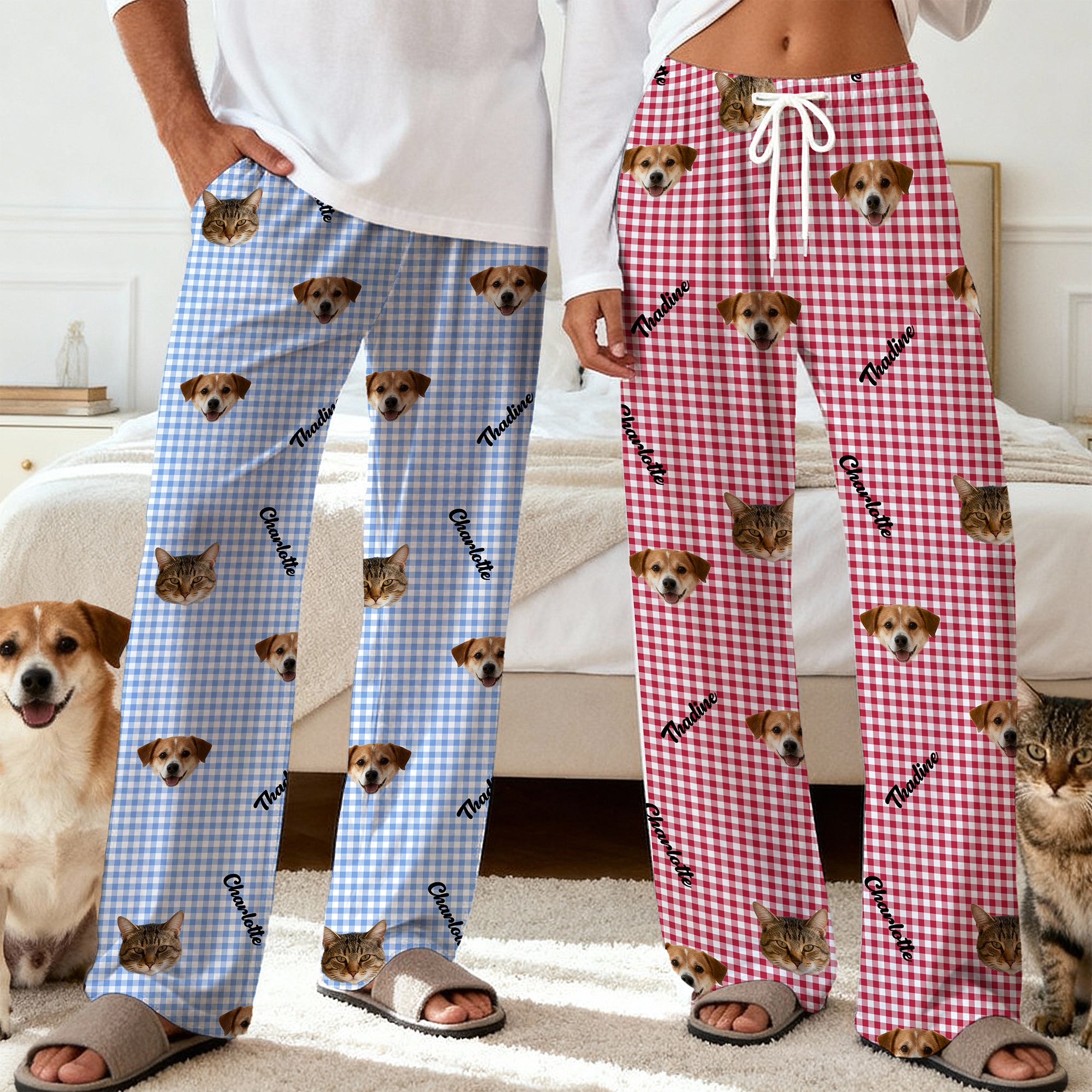 Pantalones de pijama a rayas personalizados con foto de cara, nombre y bolsillo Regalo de cumpleaños para fiesta de uso diario para los dueños de mascotas de la familia