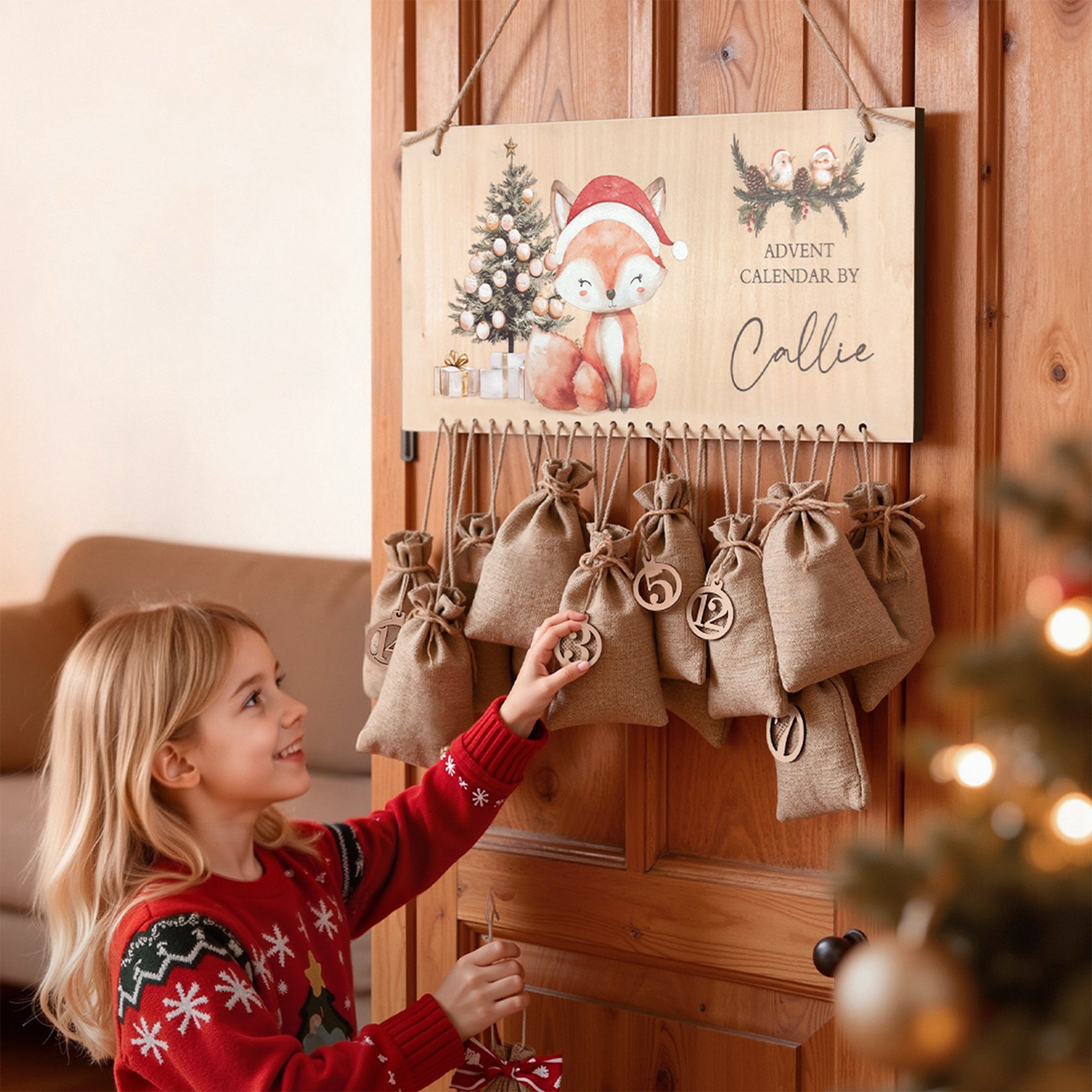 Calendario de Adviento de Madera Personalizado con Nombre y Bolsa de Yute para Niños