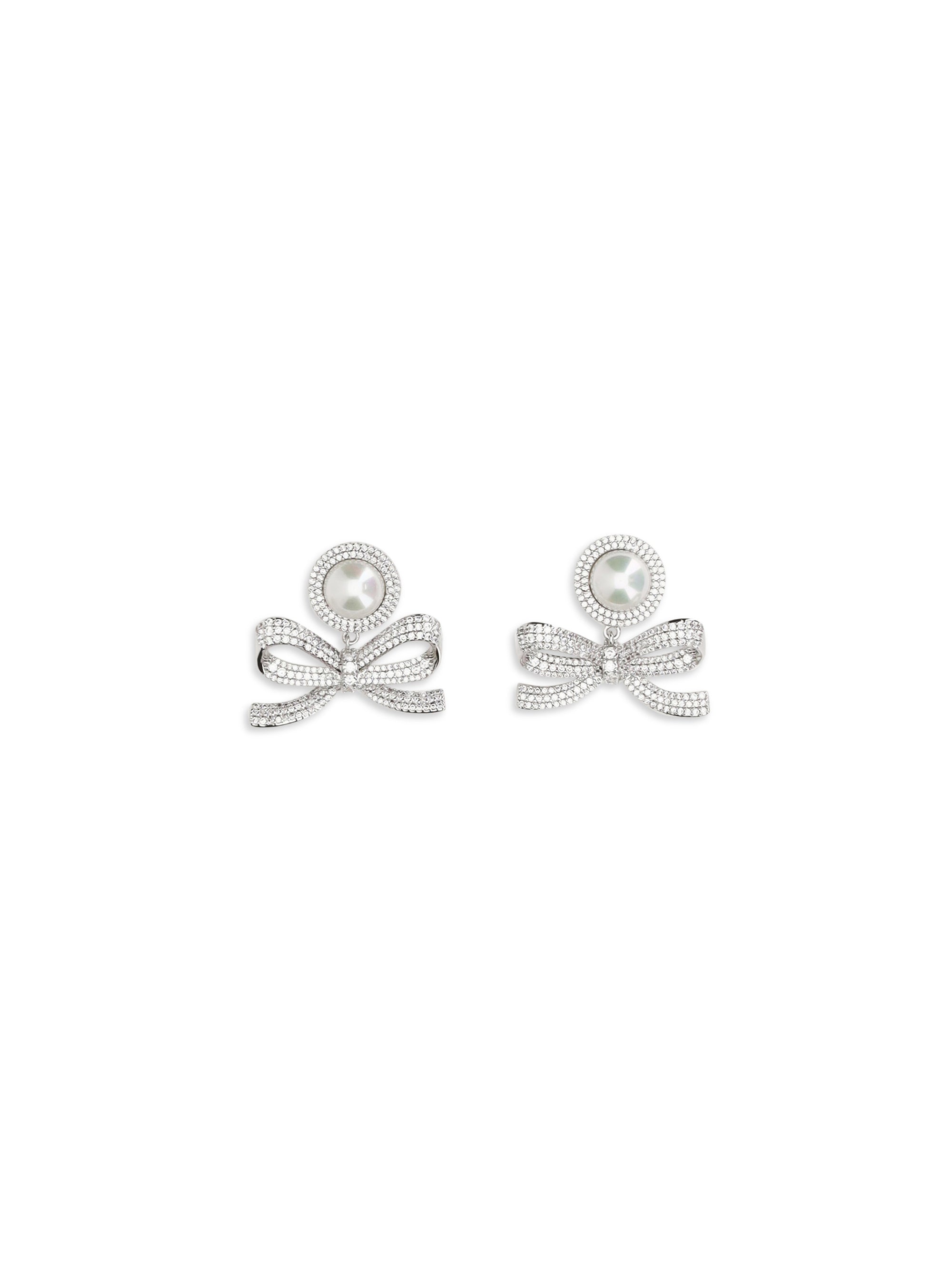 Self-Portrait Pearl Bow Drop Earrings — Silver
