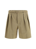 Saint Laurent Pleated Belt Cotton Bermuda Shorts — Beige