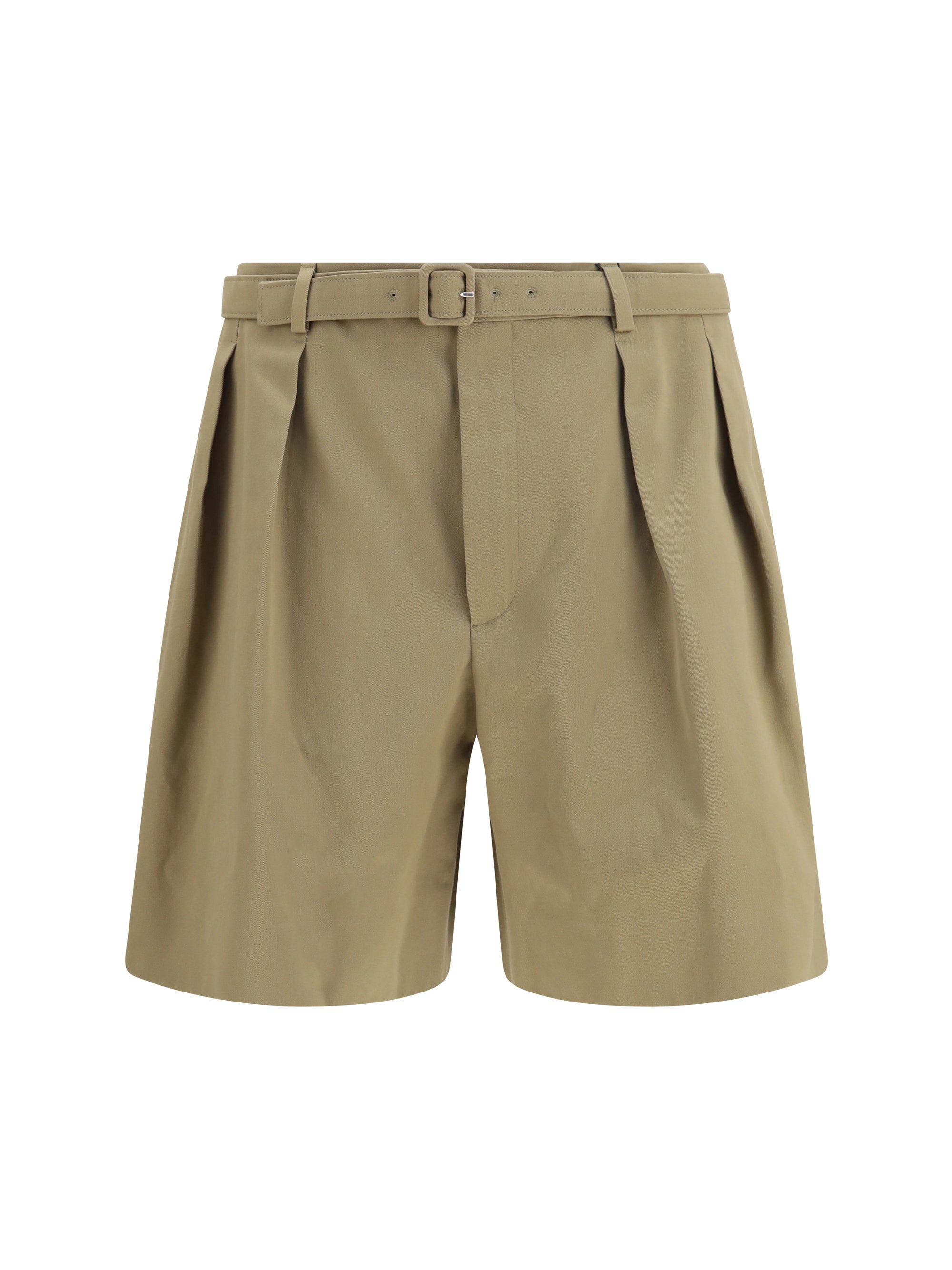 Saint Laurent Pleated Belt Cotton Bermuda Shorts — Beige