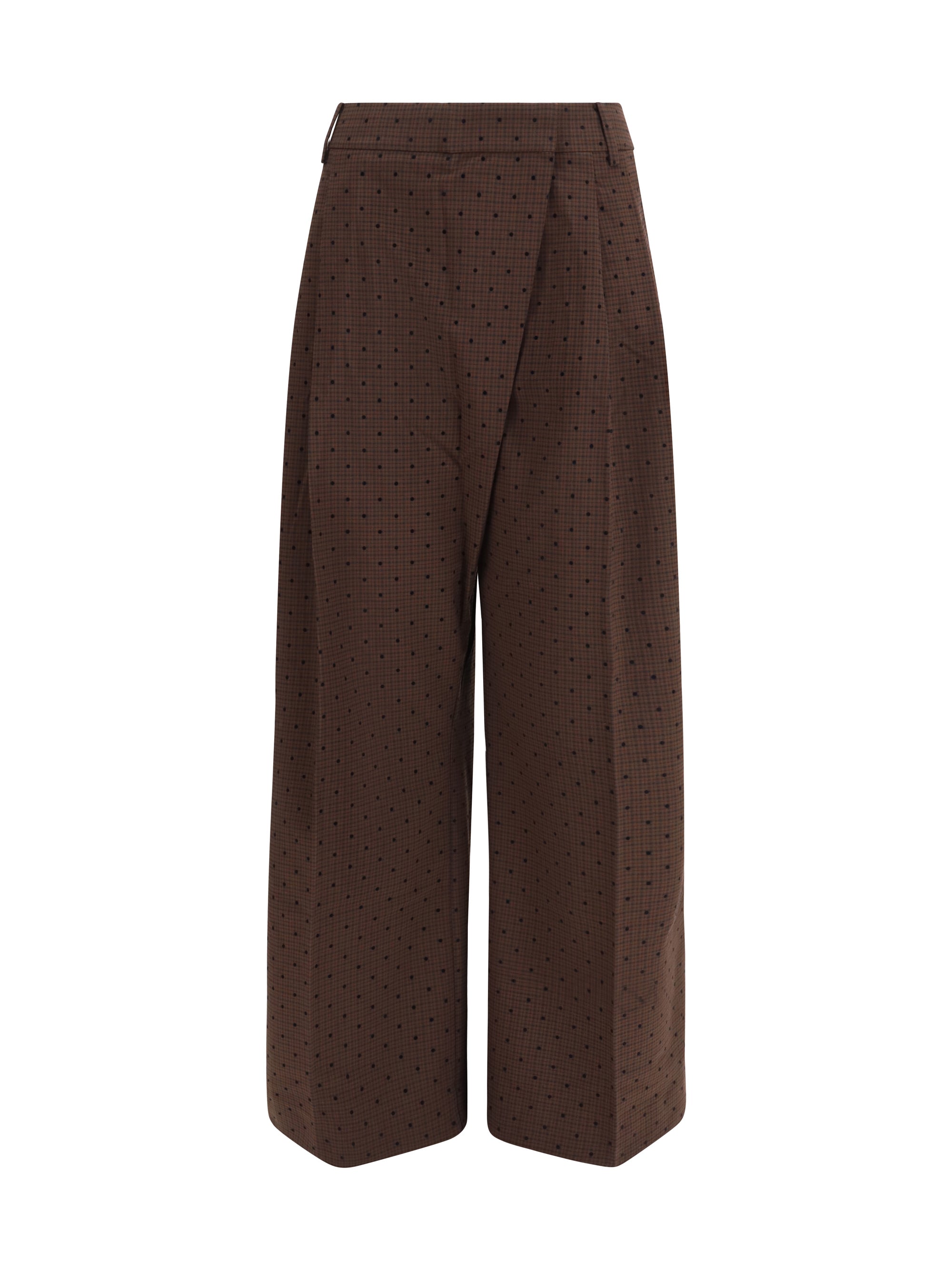 Ganni Flocked Plaid Crossover Trousers — Brown