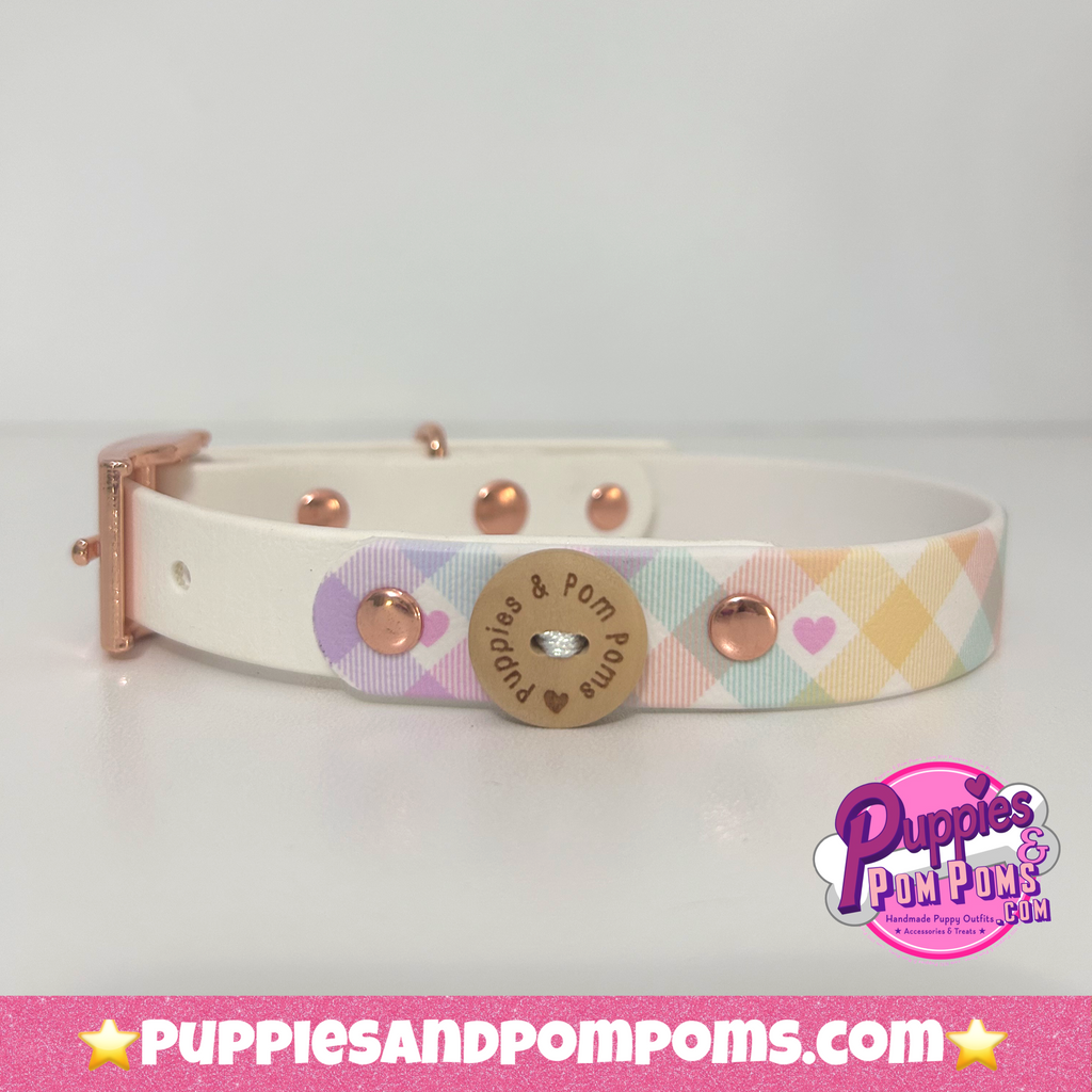 Handmade Dog Collar - Pastel Vichy - White