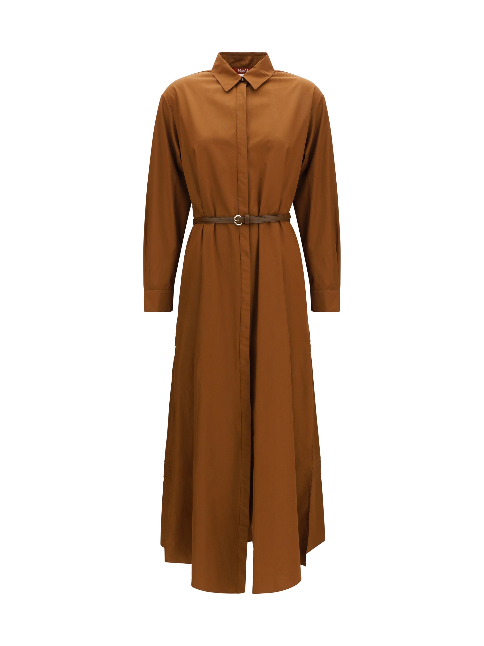Max Mara Studio Cotton Satin Flared Shirt Dress — Brown
