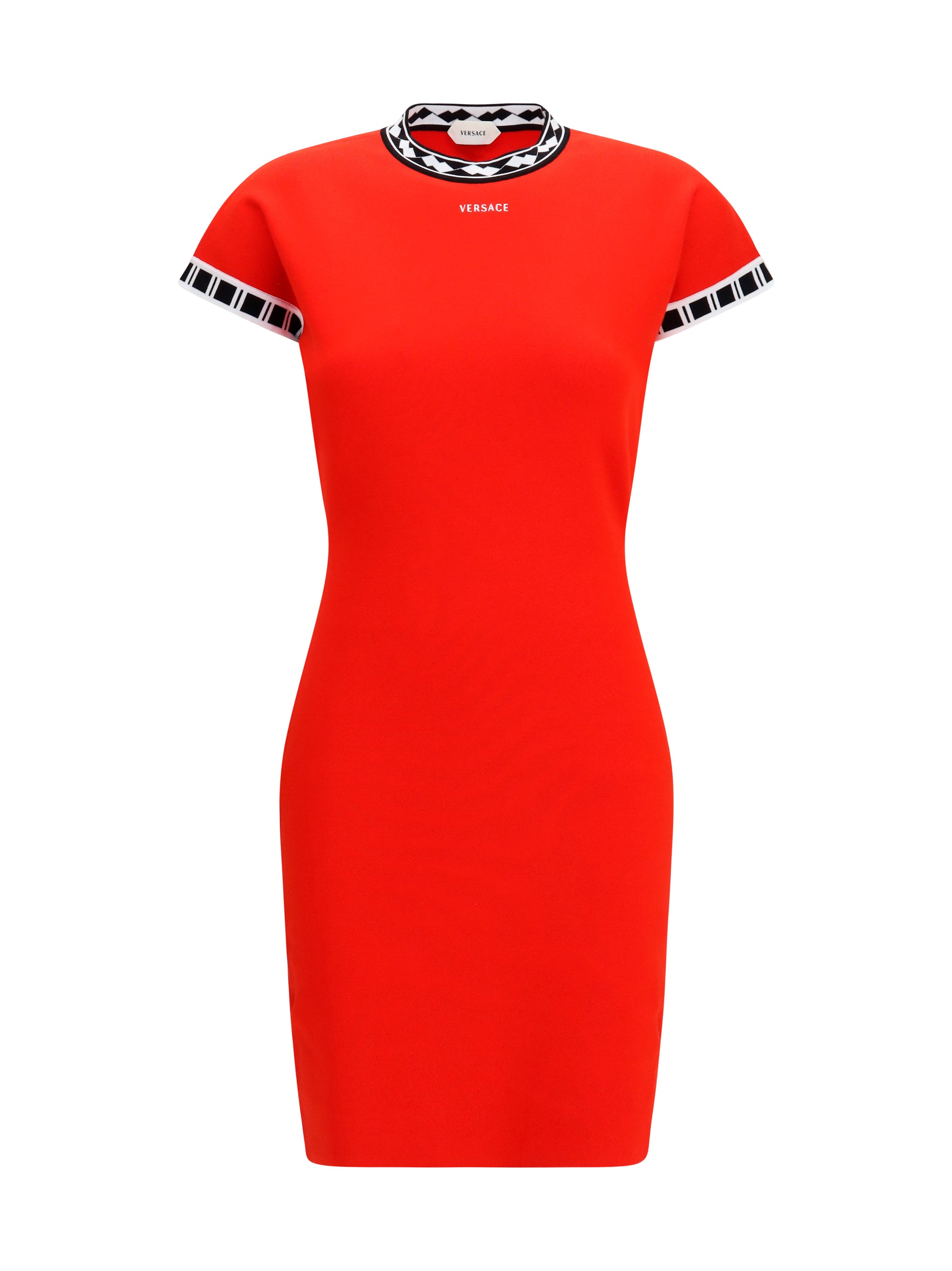 Versace Geometric Jacquard Trim Mini Dress — Red