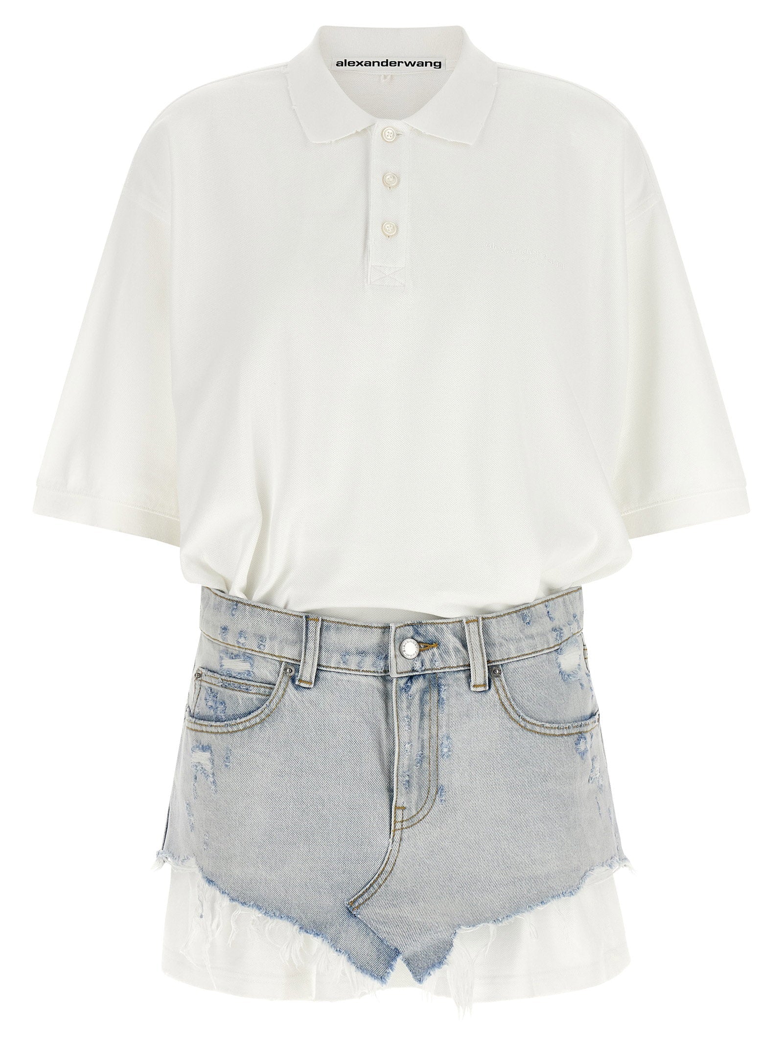 Alexander Wang Hybrid Polo Shirt and Denim Skirt Dress — White