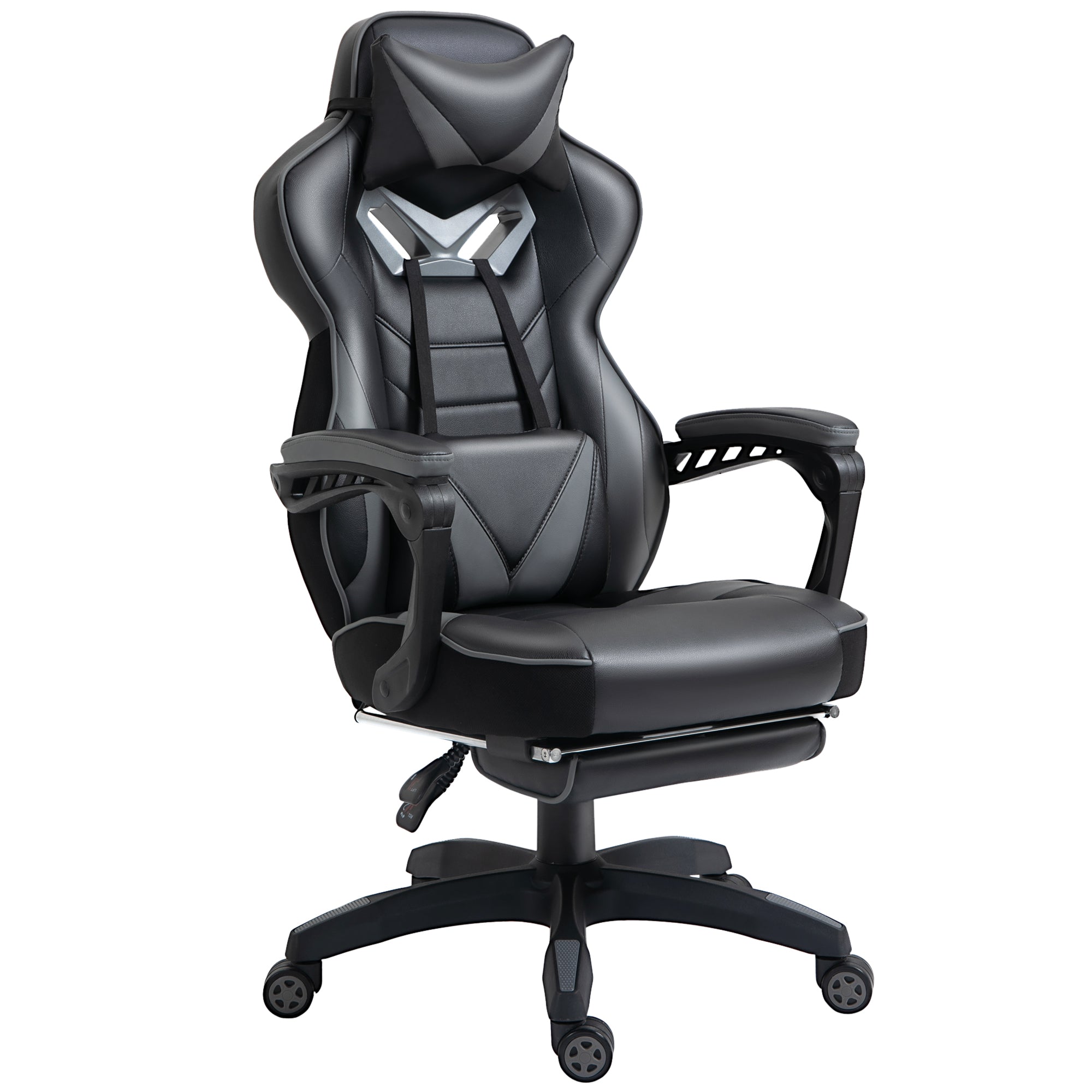 PU Leather Gamer Chair, Computer Desk Chair with Headrest, Lumbar Support & Footrest, Grey