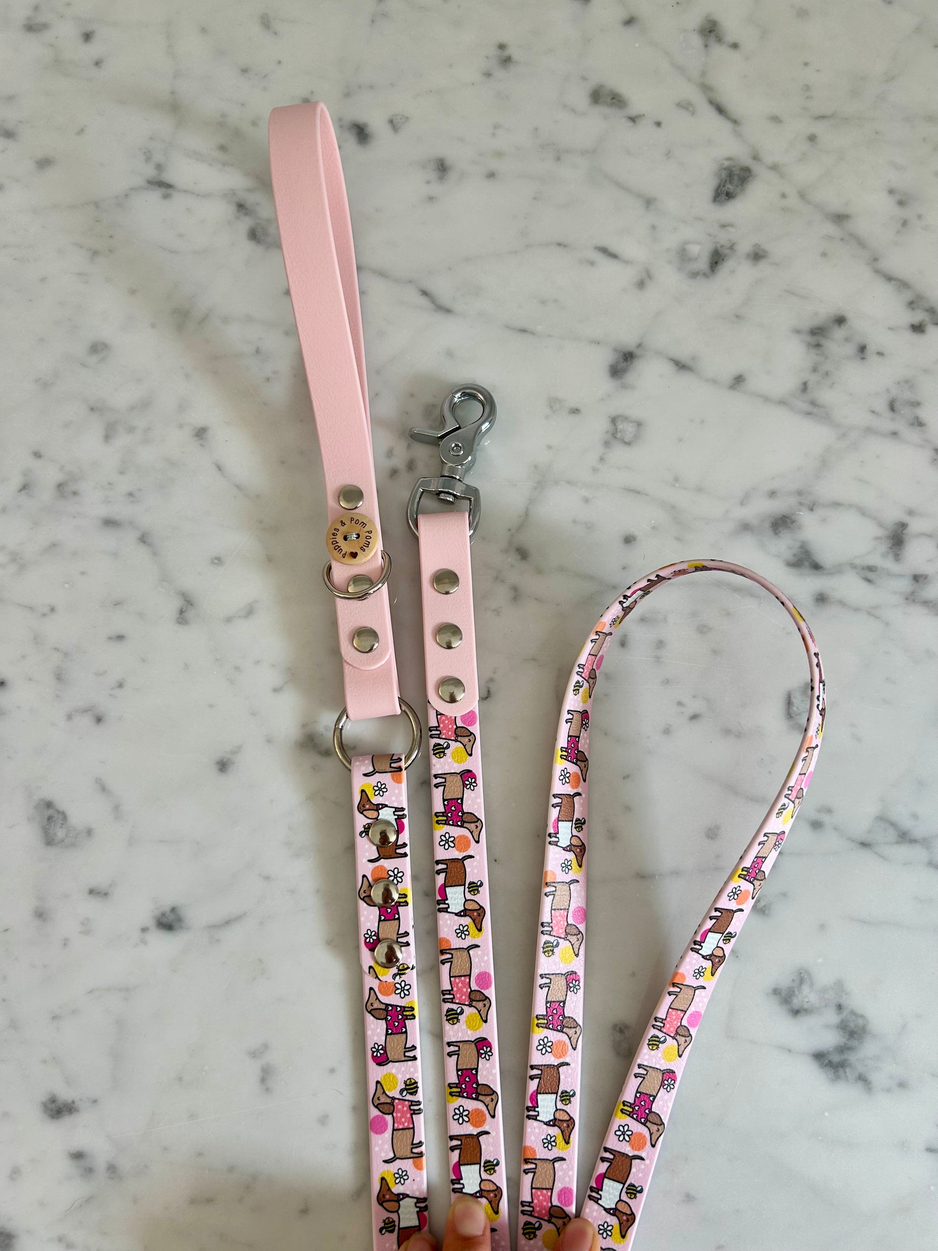 Handmade Vegan Leather Dog Leash - Bee Happy Dachshunds - Pink