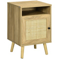 Bedside Table with Storage Shelf, Door Cupboard, Rattan Element  and Tapered Leg, Natural