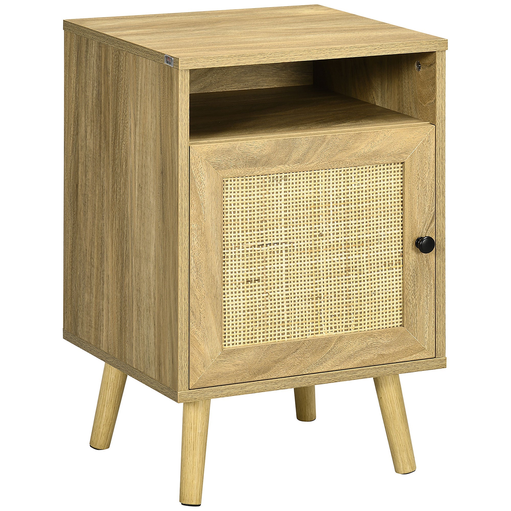 Bedside Table with Storage Shelf, Door Cupboard, Rattan Element  and Tapered Leg, Natural