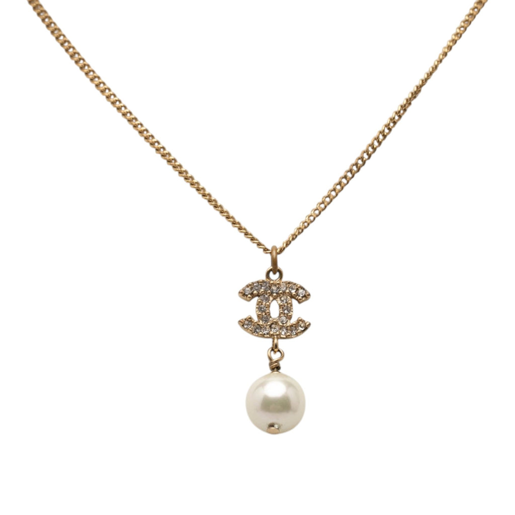 Gold Plated Strass CC Faux Pearl Drop Pendant Necklace