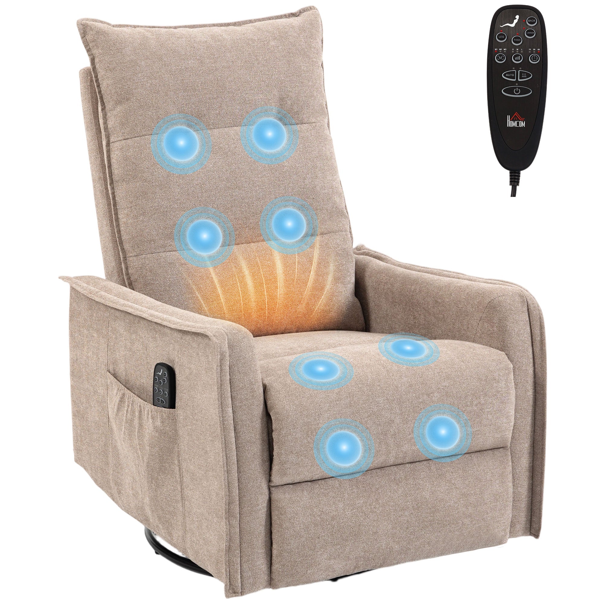 Chenille Recliner Chair with Massage & Heat, 360° Swivel Rocker and Side Pockets, Brown