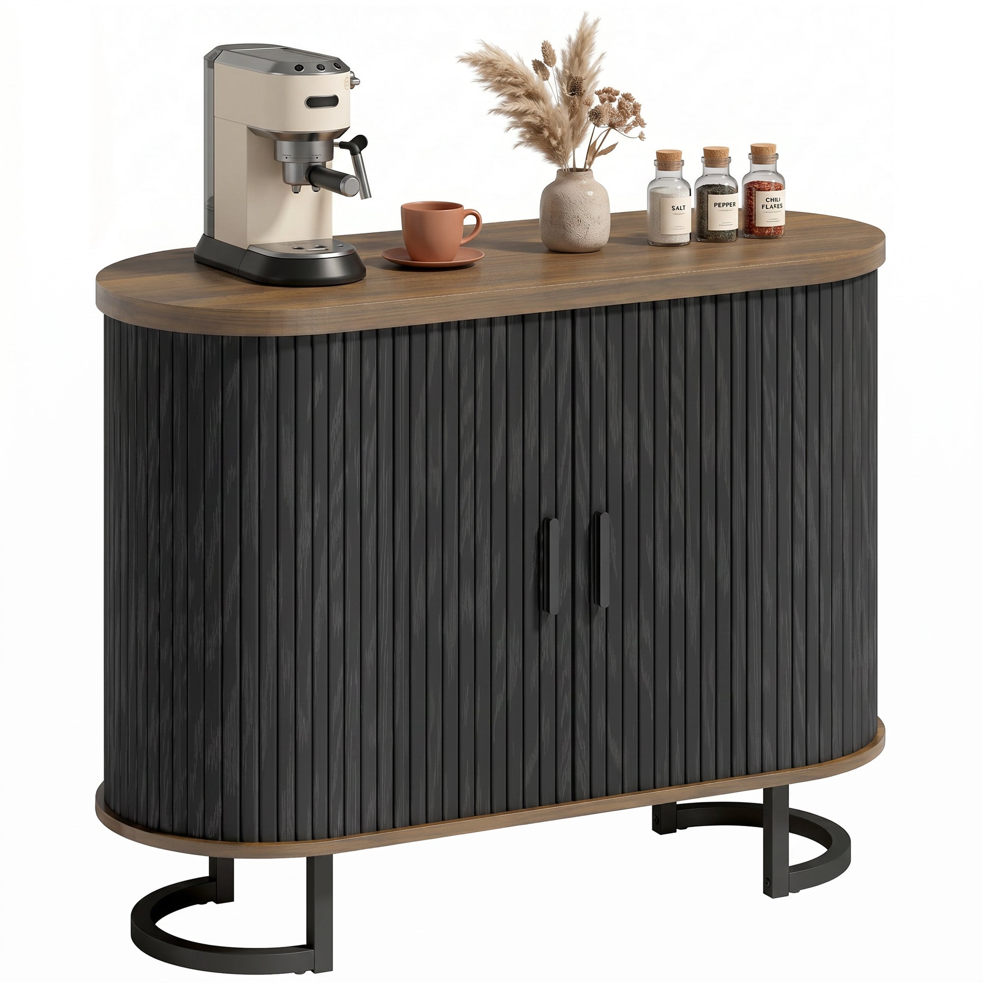 39.4" Coffee Bar Cabinet with Tambour Doors, Thick Top & Arc Legs, Brown & Black