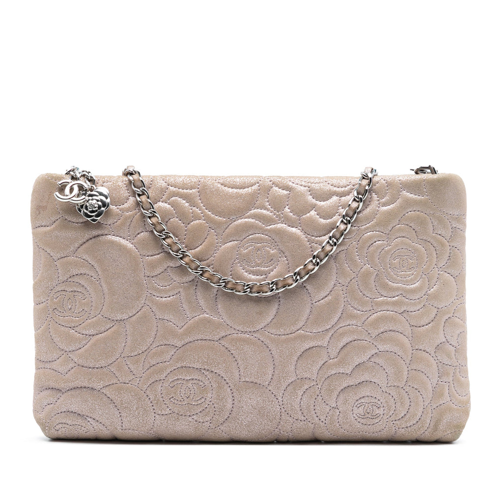 Embossed Metallic Lambskin Camellia Chain Pochette
