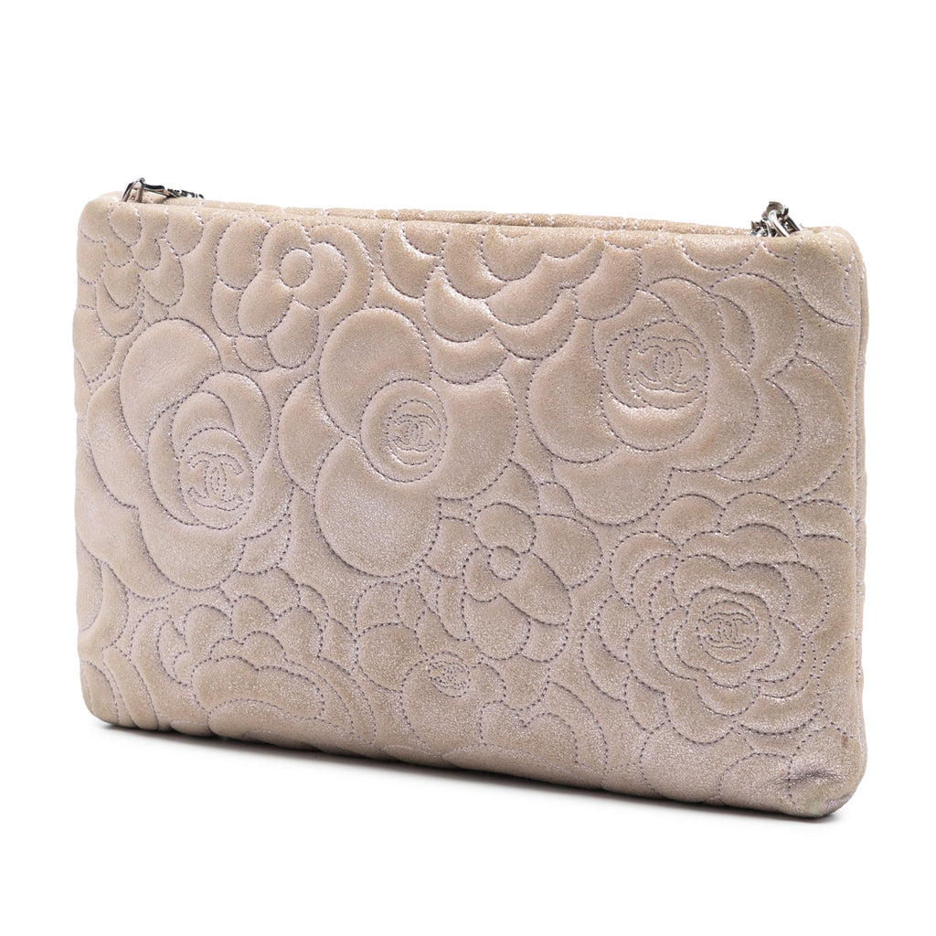 Embossed Metallic Lambskin Camellia Chain Pochette