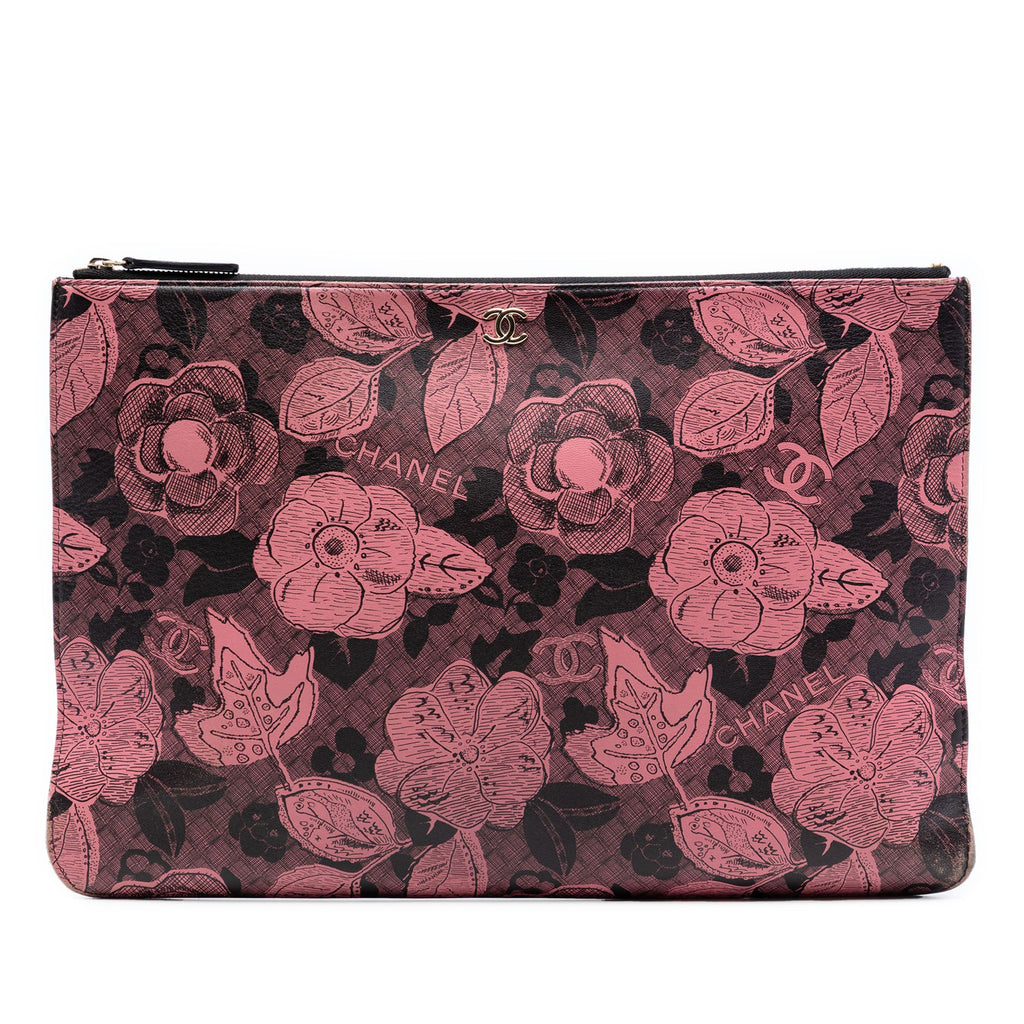 Large CC Quilted Calfskin Camellia Printed O Case Clutch