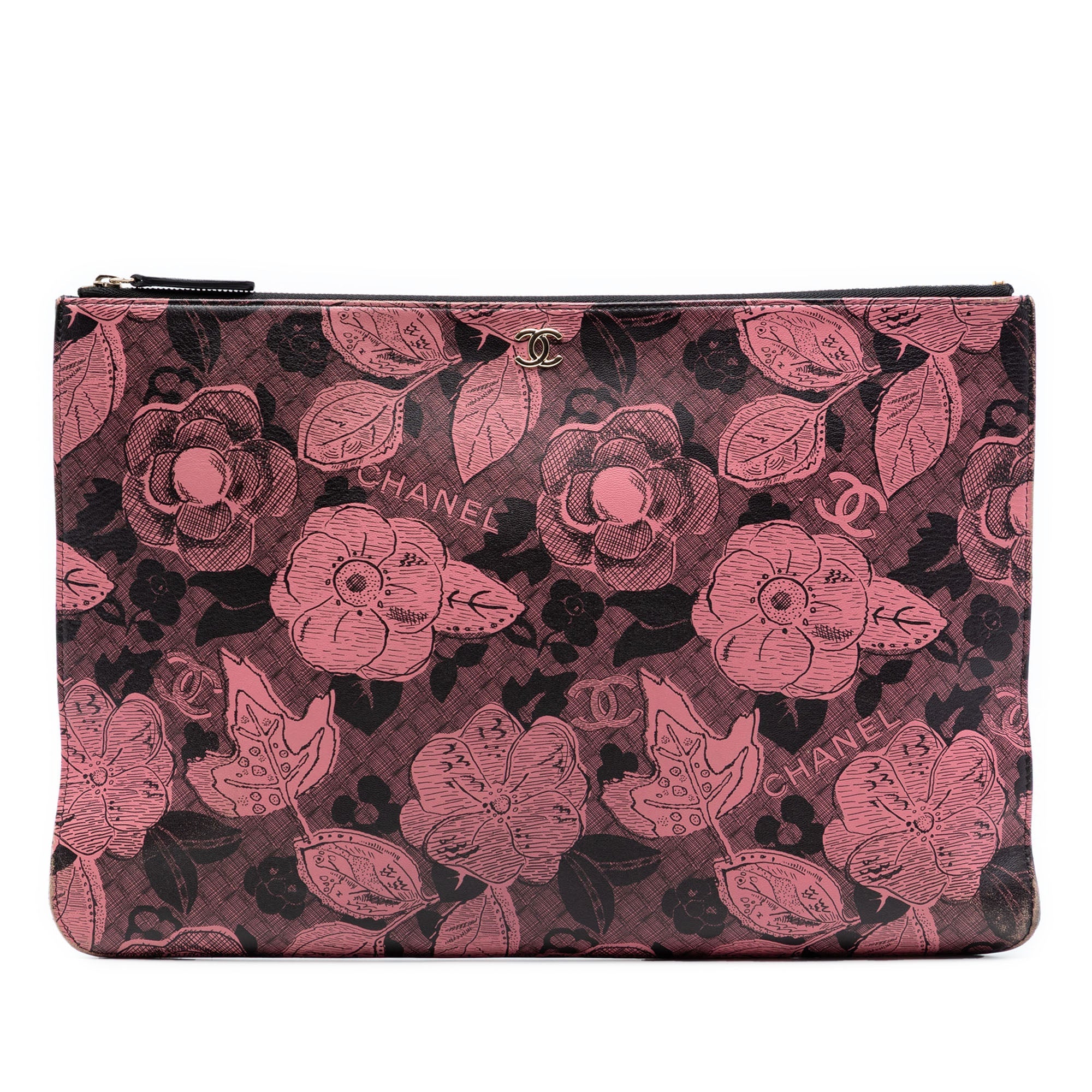 Large CC Quilted Calfskin Camellia Printed O Case Clutch