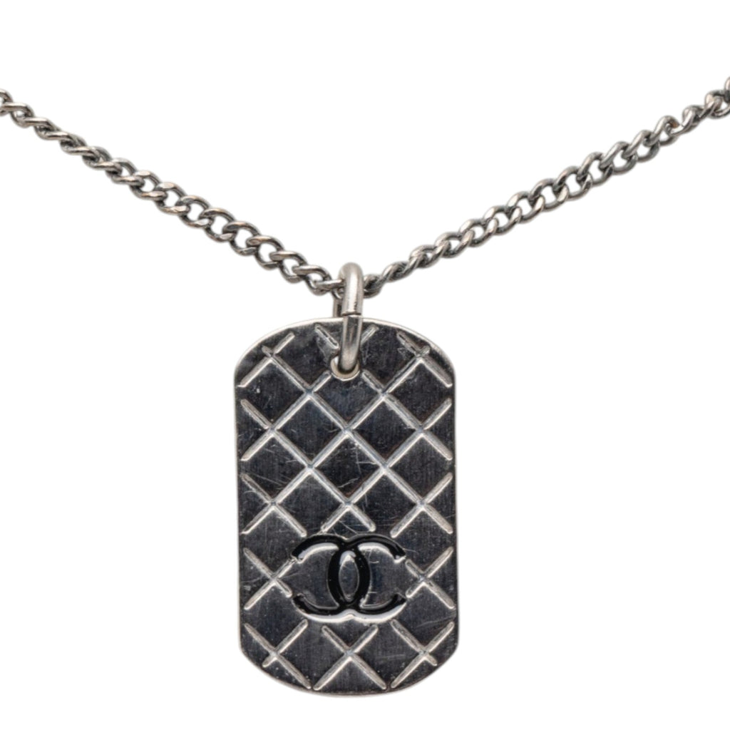 CC Silver Plated Quilted Dog Tag Pendant Necklace
