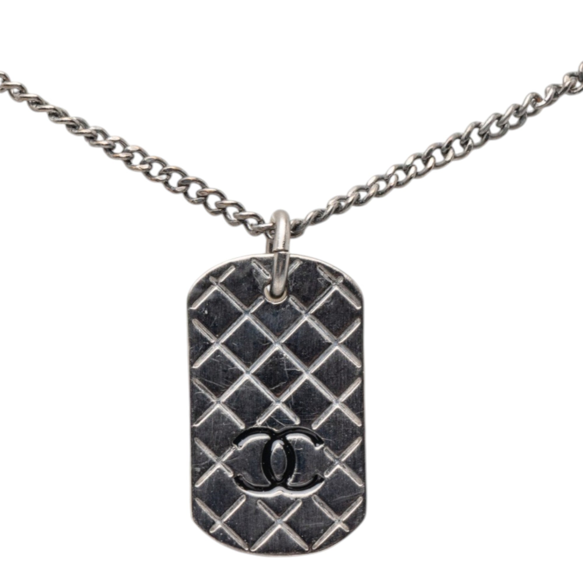 CC Silver Plated Quilted Dog Tag Pendant Necklace
