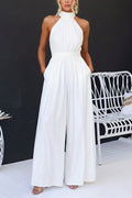 Halter Neck High Waist Pocketed Wide Leg Jumpsuit
