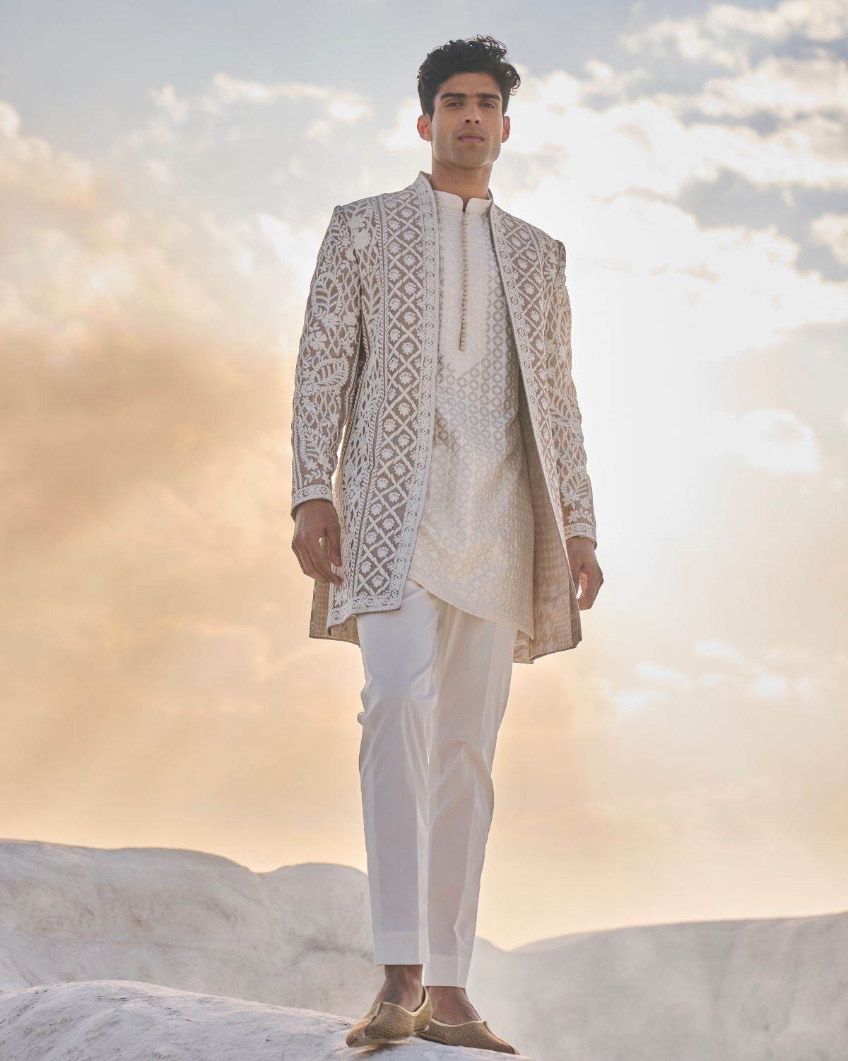 Nude Cream Open Sherwani Set By KYNAH, Luxury Indian Fashion & Bridal Wear