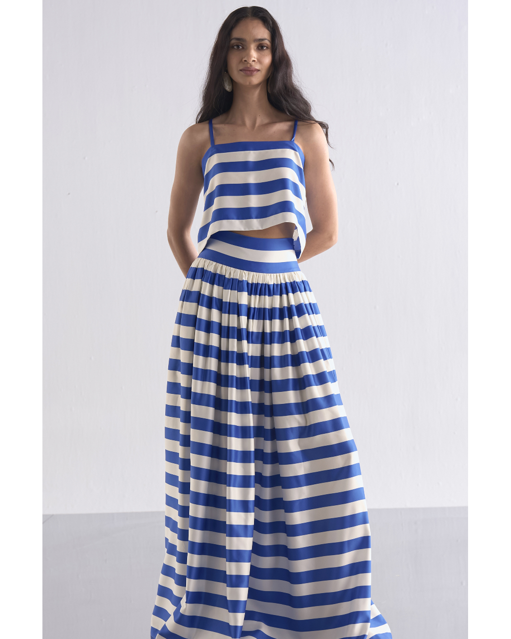 Back Knot Draped Stripe Top & Maxi Skirt Set By KYNAH, Luxury Indian Fashion & Bridal Wear