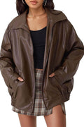 Lapel Zip Up Faux Leather Pocketed Jacket
