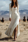 U Neck Buttop Up Long Sleeves Ruffle Slit Maxi Dress