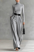 Turtleneck Long Sleeves Top and Color Block Wide Leg Pants Set