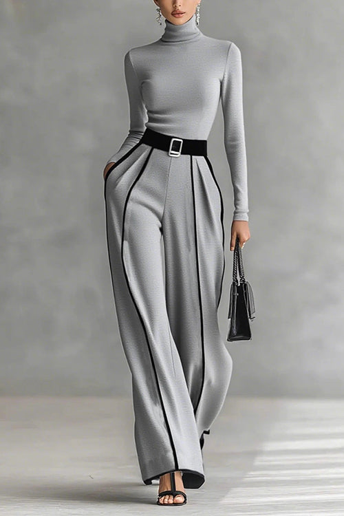Turtleneck Long Sleeves Top and Color Block Wide Leg Pants Set