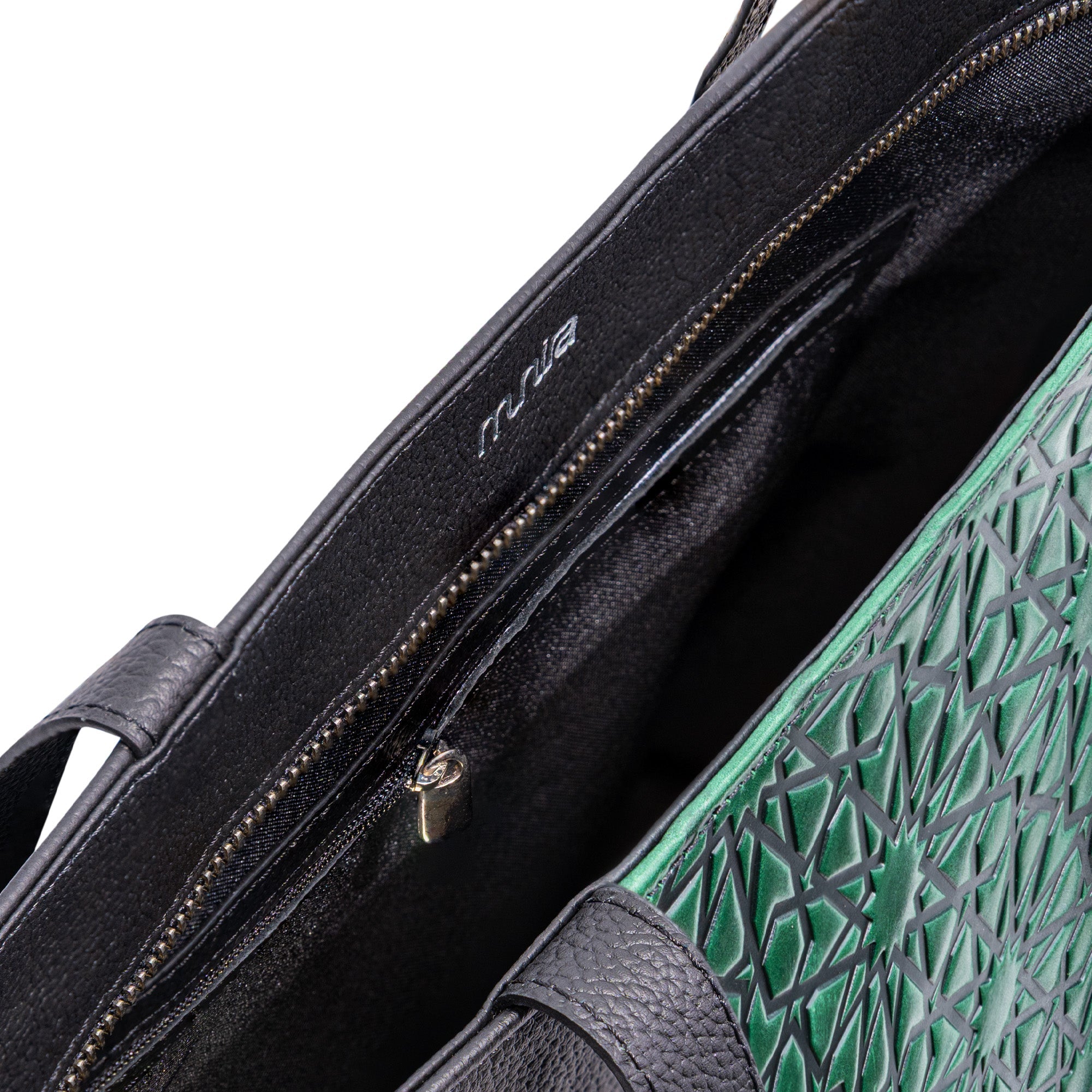 Leather Tote Bag Green and Black - Alhambra Pattern Embossed