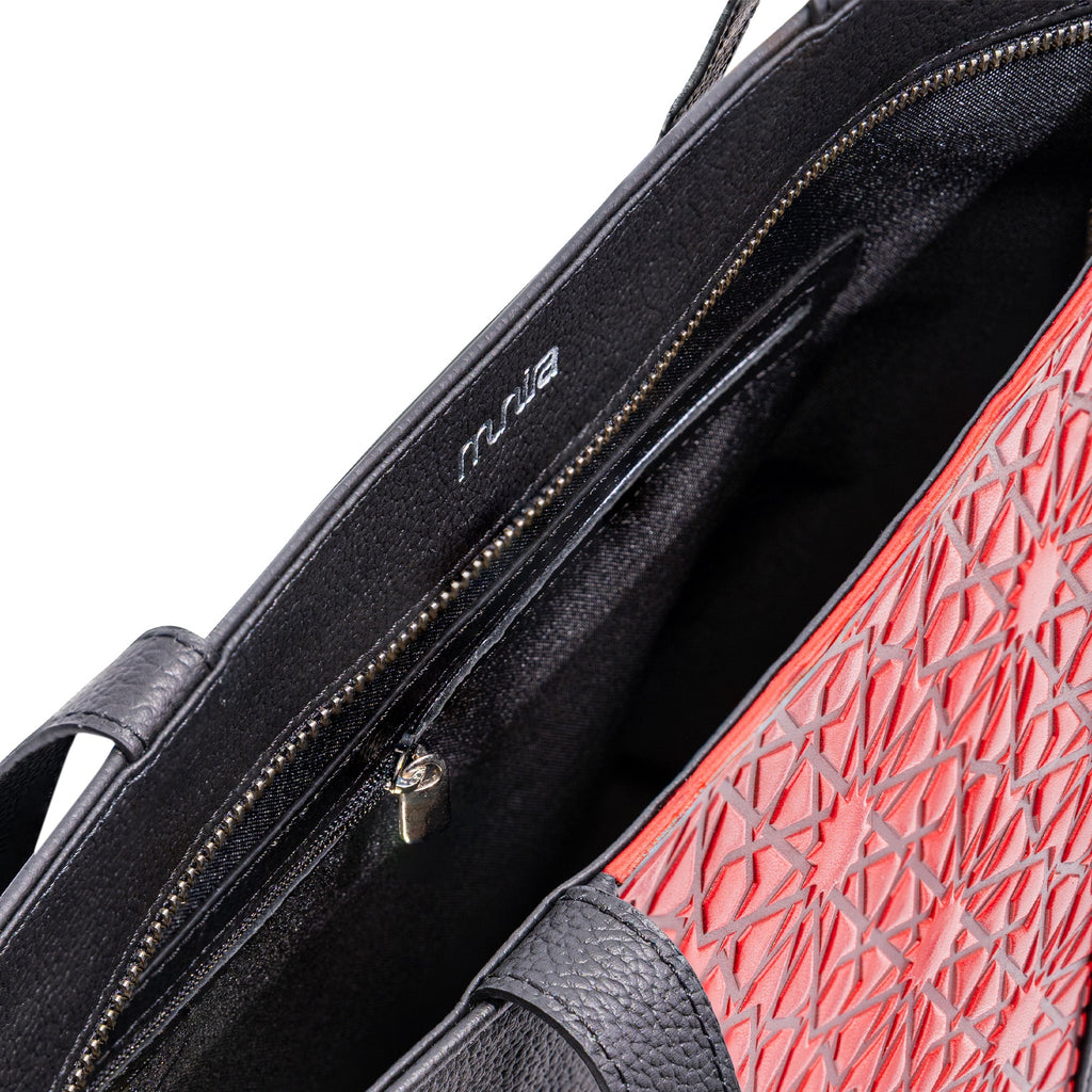 Leather Tote Bag Red and Black with Islamic Art Embossed Pattern